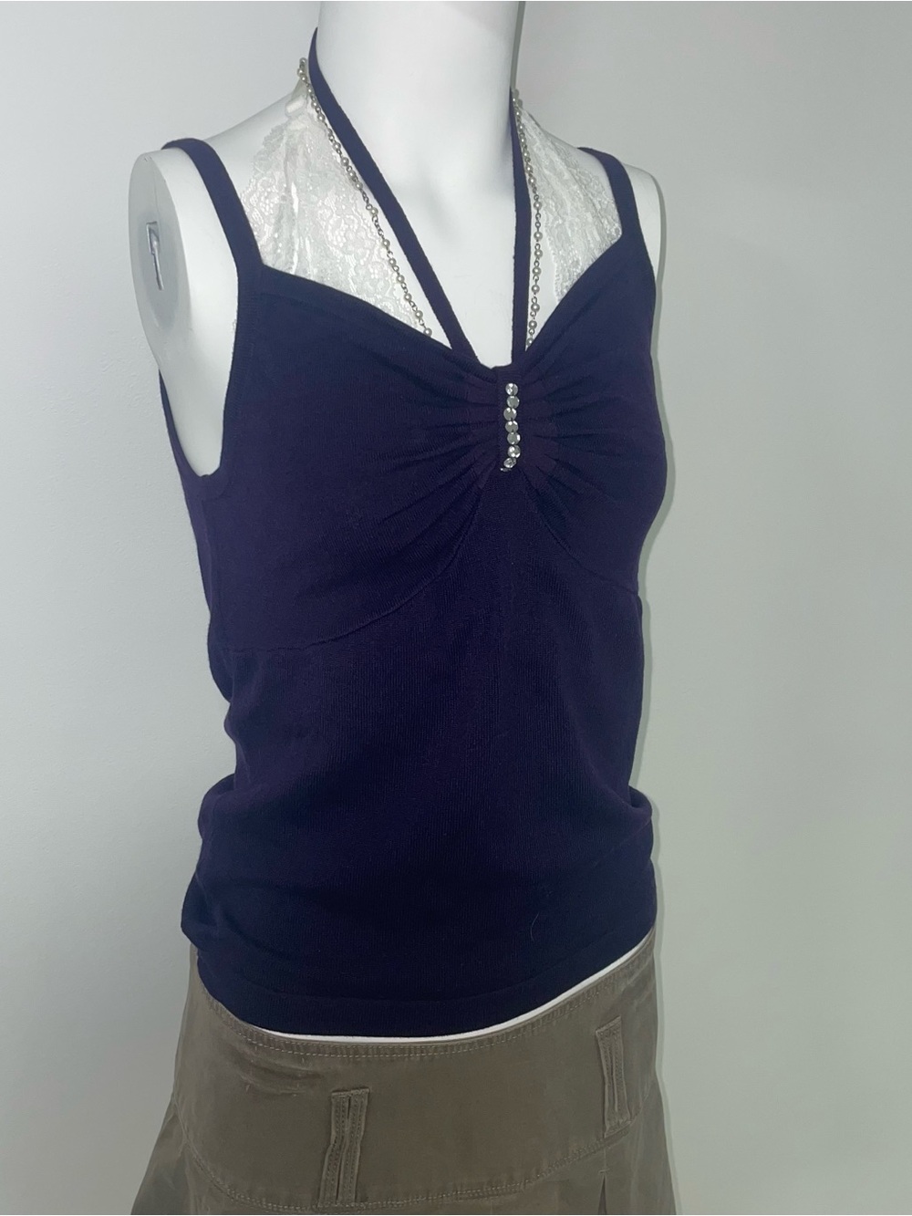 Navy Halter Tank Top with Rhinestone Detail